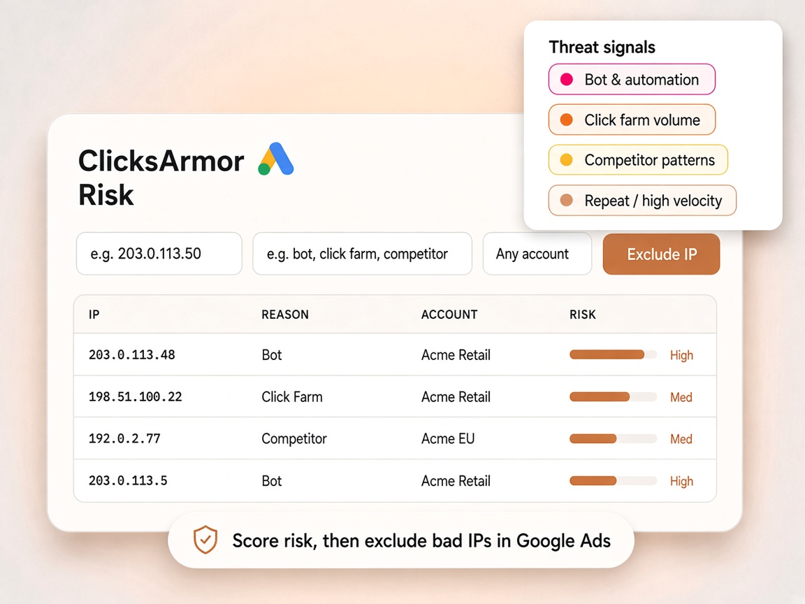 ClicksArmor risk schematic showing high-risk sessions and threat signals